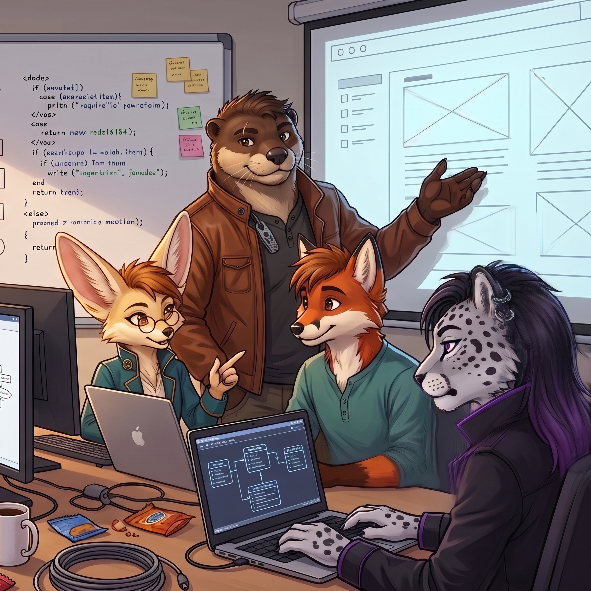 Four anthropomorphic animal teammates collaborating at laptops in a design workshop.